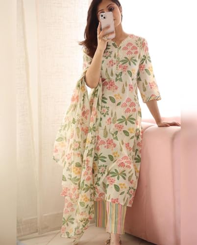 Women's Cotton Blend Printed Straight Kurta with Pant & Dupatta