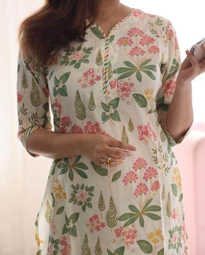 Women's Cotton Blend Printed Straight Kurta with Pant & Dupatta