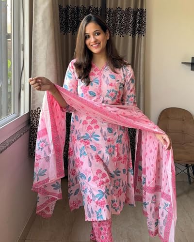 Women's Cotton Blend Printed Straight Kurta with Pant & Dupatta