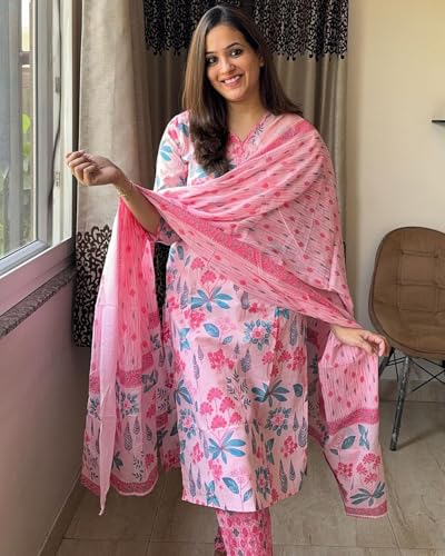 Women's Cotton Blend Printed Straight Kurta with Pant & Dupatta