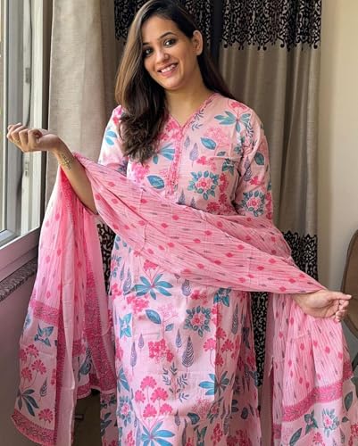 Women's Cotton Blend Printed Straight Kurta with Pant & Dupatta