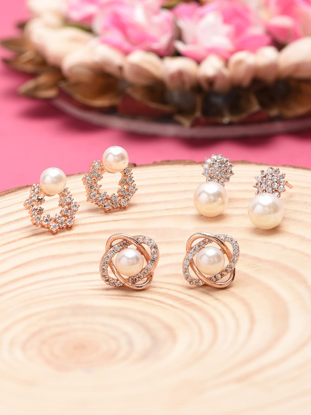Combo of 3 Cubic Zirconia & Pearls Contemporary Brass Stud Earrings For Women
