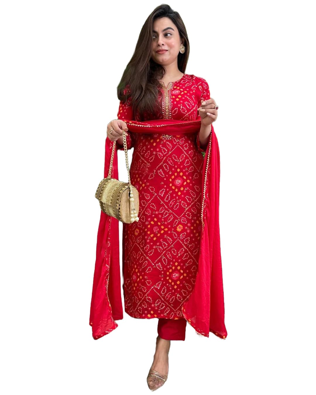 Women's Rayon Blend Straight Printed Kurta with Pant & Dupatta (TURAE Rani-GS_L_Pink_Large)