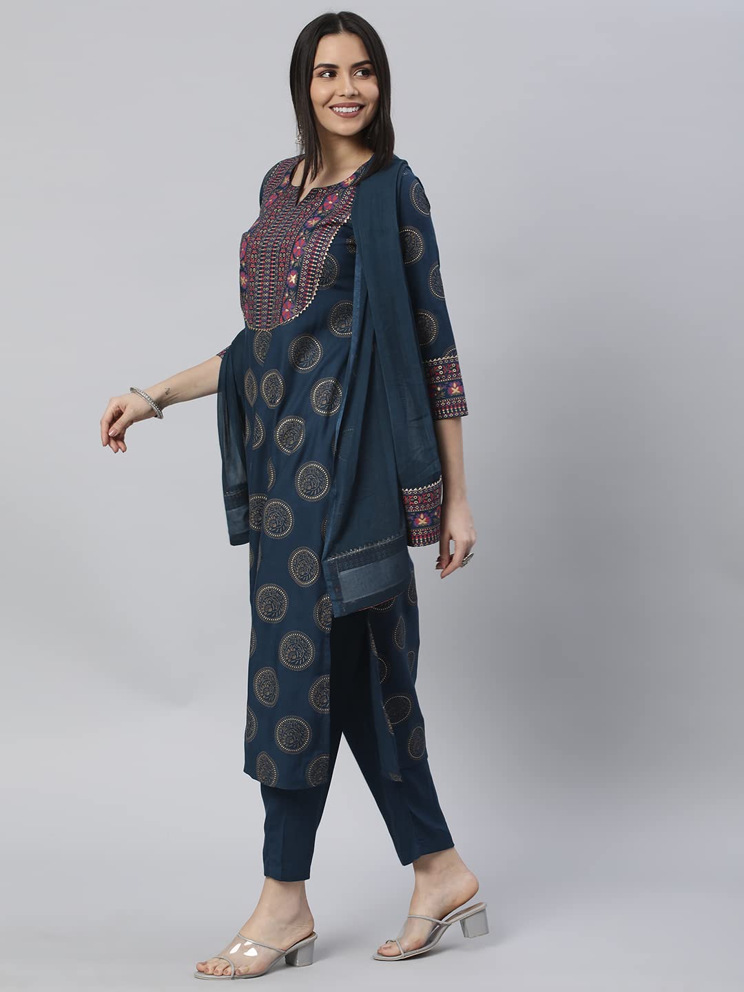 Women's Cotton Blend Printed Straight Kurta with Pant & Dupatta (NOV-Pink-GS_M_Pink_Medium)