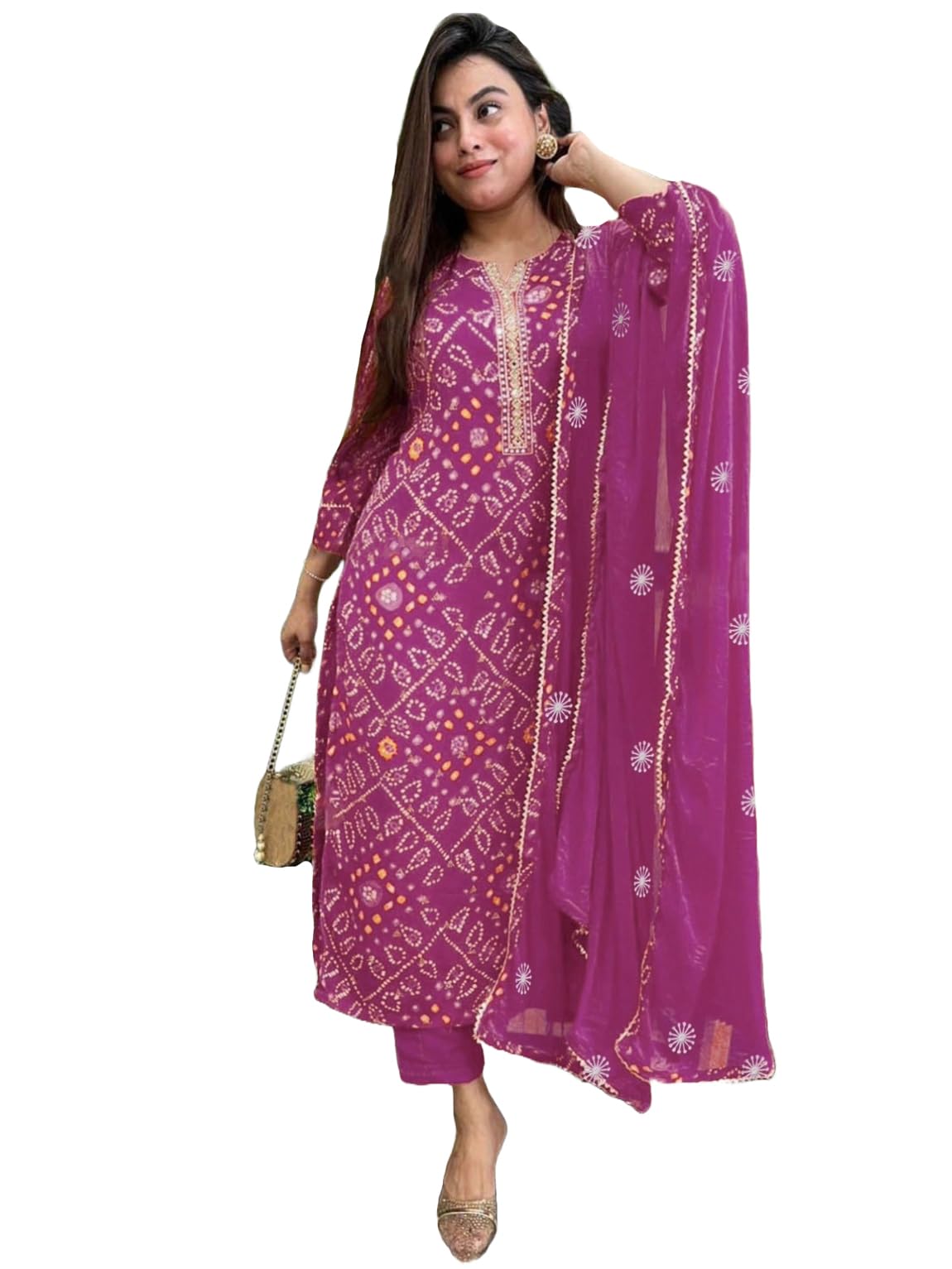 Women's Rayon Blend Straight Printed Kurta with Pant & Dupatta (TURAE Rani-GS_L_Pink_Large)