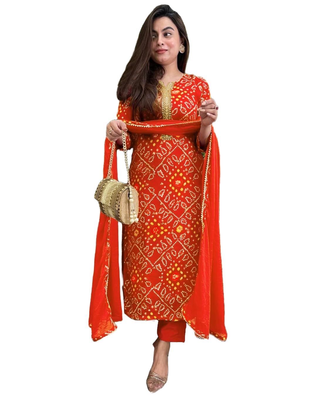 Women's Rayon Blend Straight Printed Kurta with Pant & Dupatta (TURAE Rani-GS_L_Pink_Large)