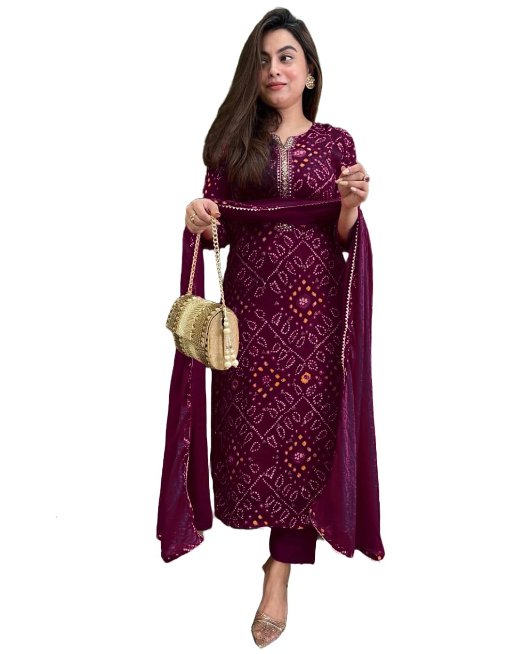 Women's Rayon Blend Straight Printed Kurta with Pant & Dupatta (TURAE Rani-GS_L_Pink_Large)