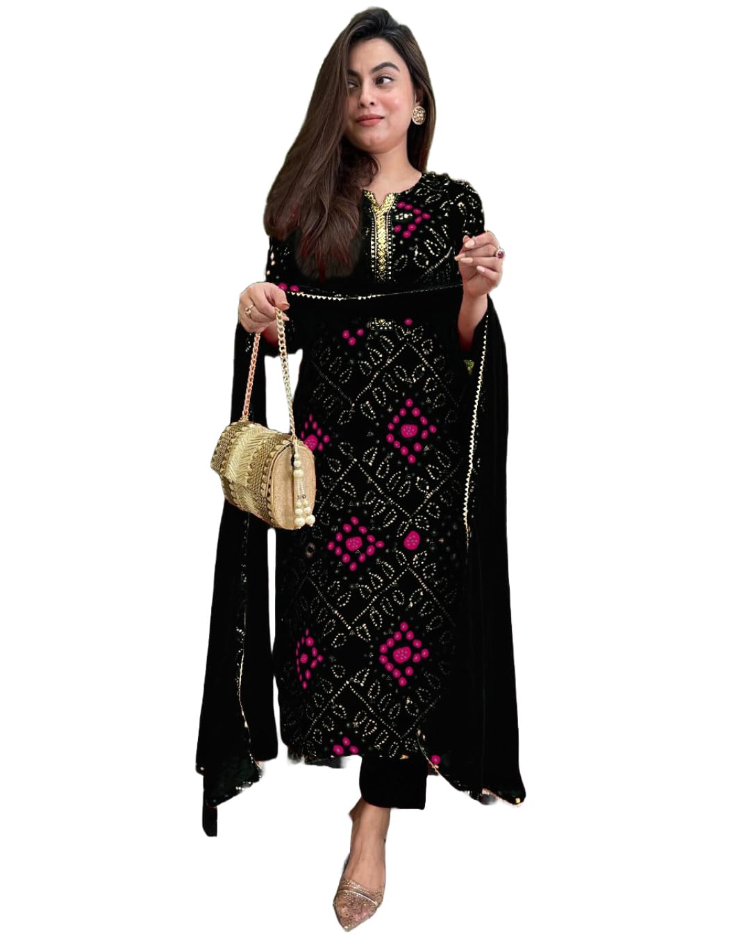 Women's Rayon Blend Straight Printed Kurta with Pant & Dupatta (TURAE Rani-GS_L_Pink_Large)