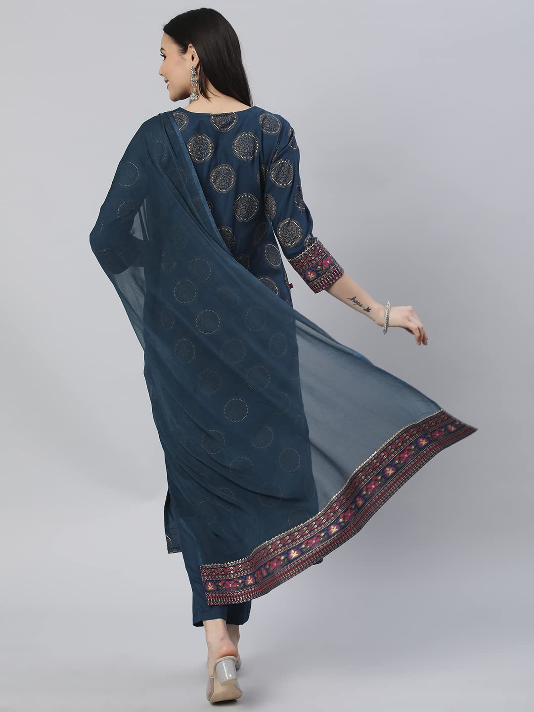 Women's Cotton Blend Printed Straight Kurta with Pant & Dupatta (NOV-Pink-GS_M_Pink_Medium)