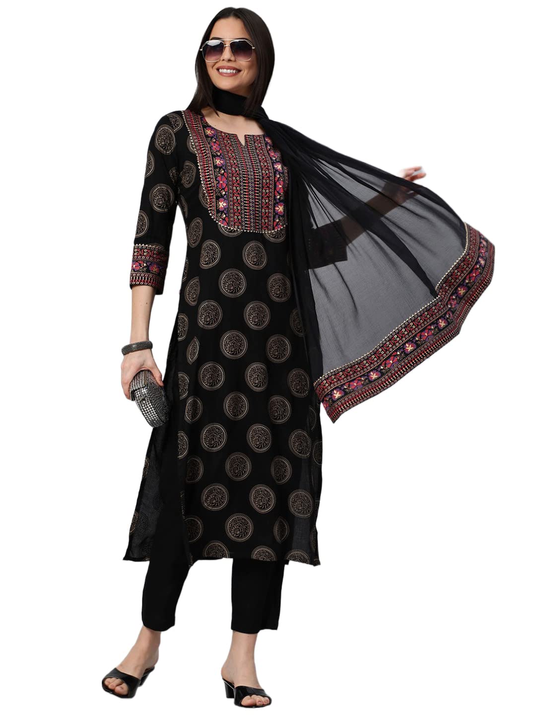 Women's Cotton Blend Printed Straight Kurta with Pant & Dupatta (NOV-Pink-GS_M_Pink_Medium)