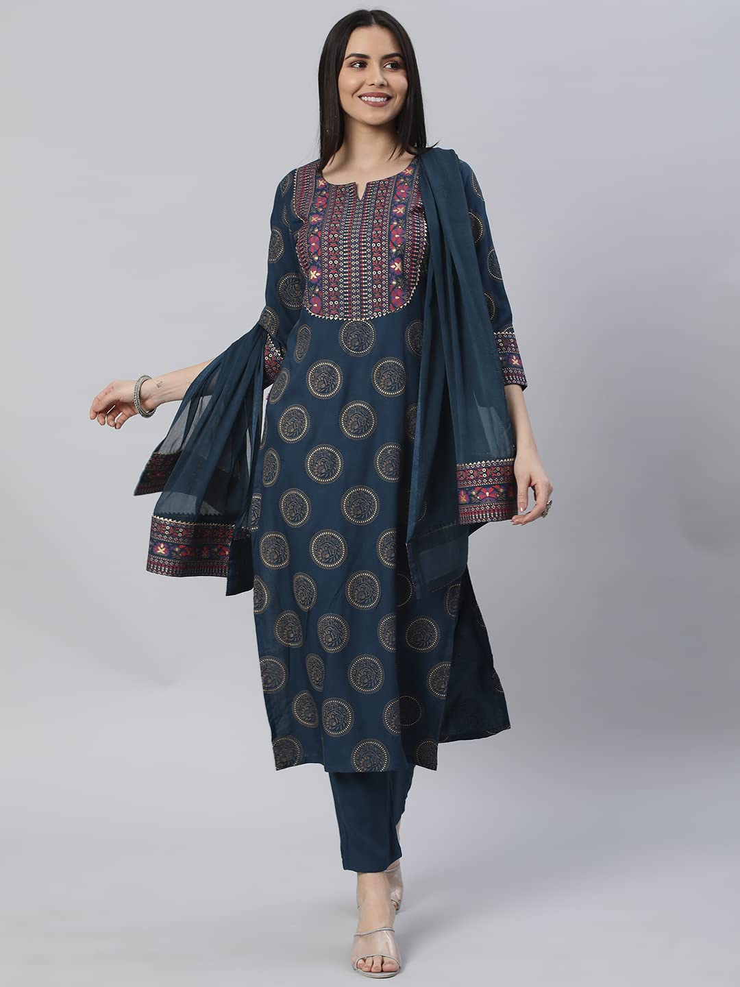 Women's Cotton Blend Printed Straight Kurta with Pant & Dupatta (NOV-Pink-GS_M_Pink_Medium)