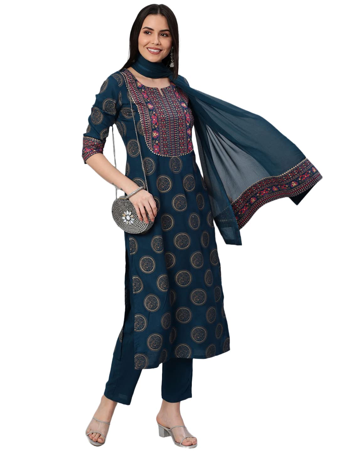 Women's Cotton Blend Printed Straight Kurta with Pant & Dupatta (NOV-Pink-GS_M_Pink_Medium)