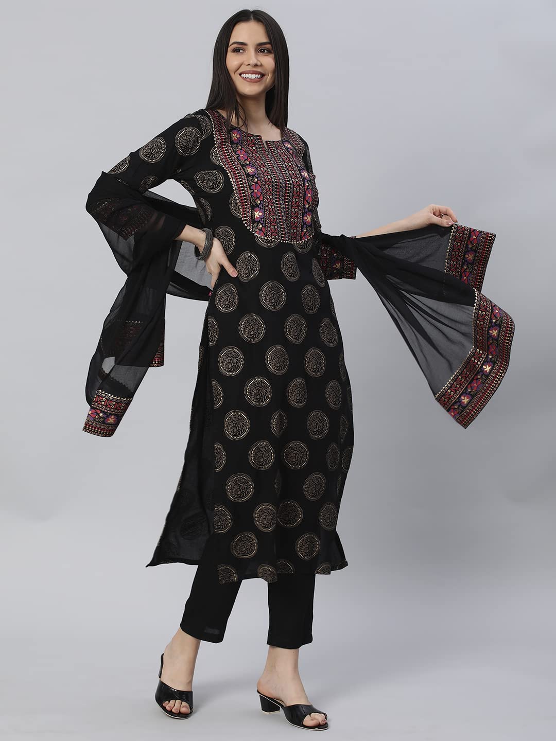 Women's Cotton Blend Printed Straight Kurta with Pant & Dupatta (NOV-Pink-GS_M_Pink_Medium)