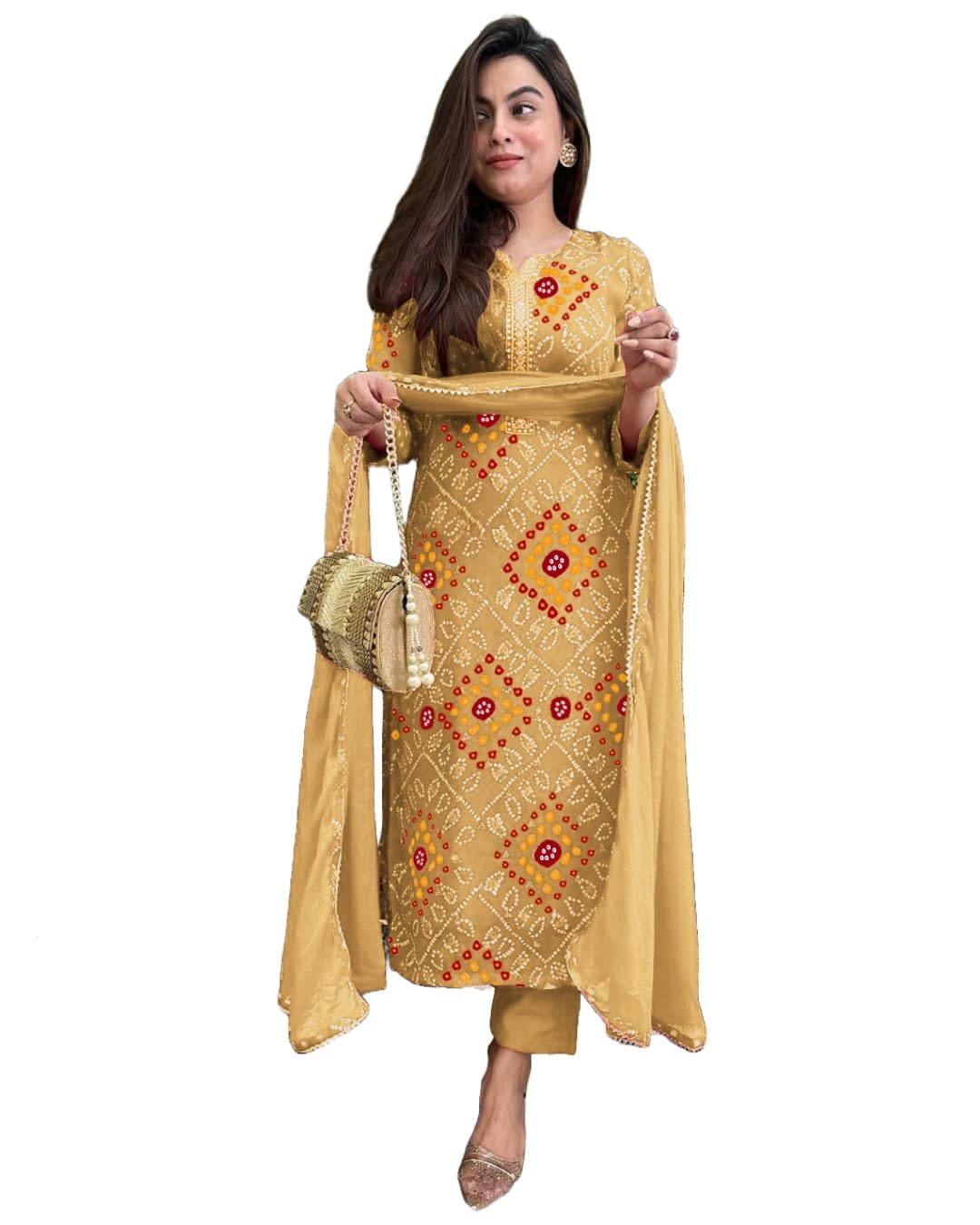 Women's Rayon Blend Straight Printed Kurta with Pant & Dupatta (TURAE Rani-GS_L_Pink_Large)