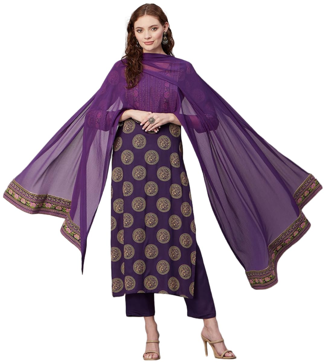 Women's Cotton Blend Printed Straight Kurta with Pant & Dupatta (NOV-Pink-GS_M_Pink_Medium)
