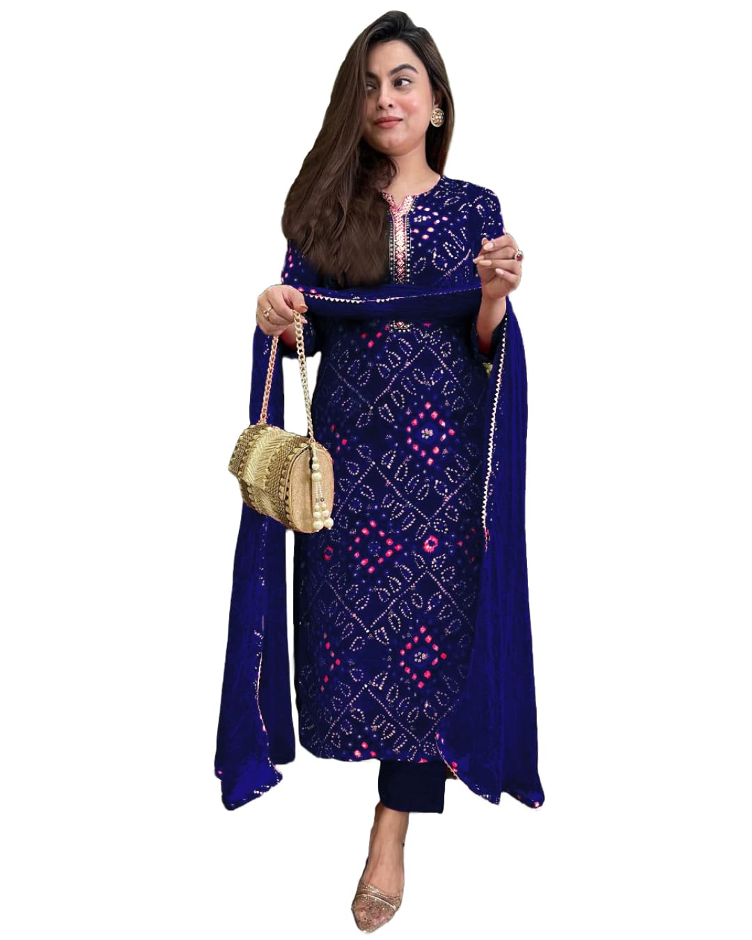 Women's Rayon Blend Straight Printed Kurta with Pant & Dupatta (TURAE Rani-GS_L_Pink_Large)