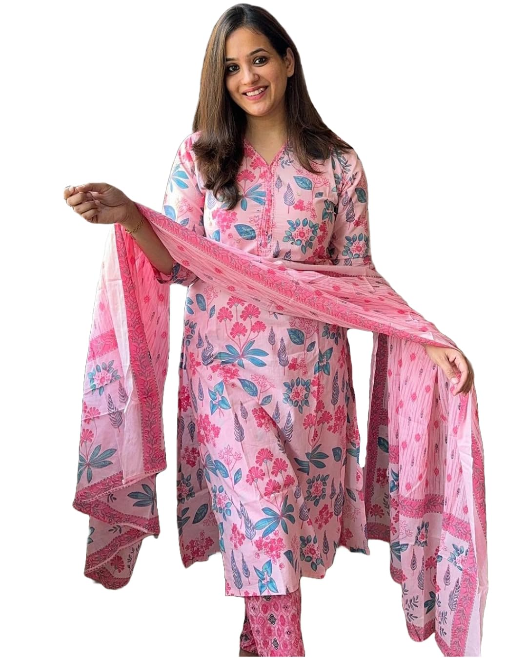 Women's Cotton Blend Printed Straight Kurta with Pant & Dupatta
