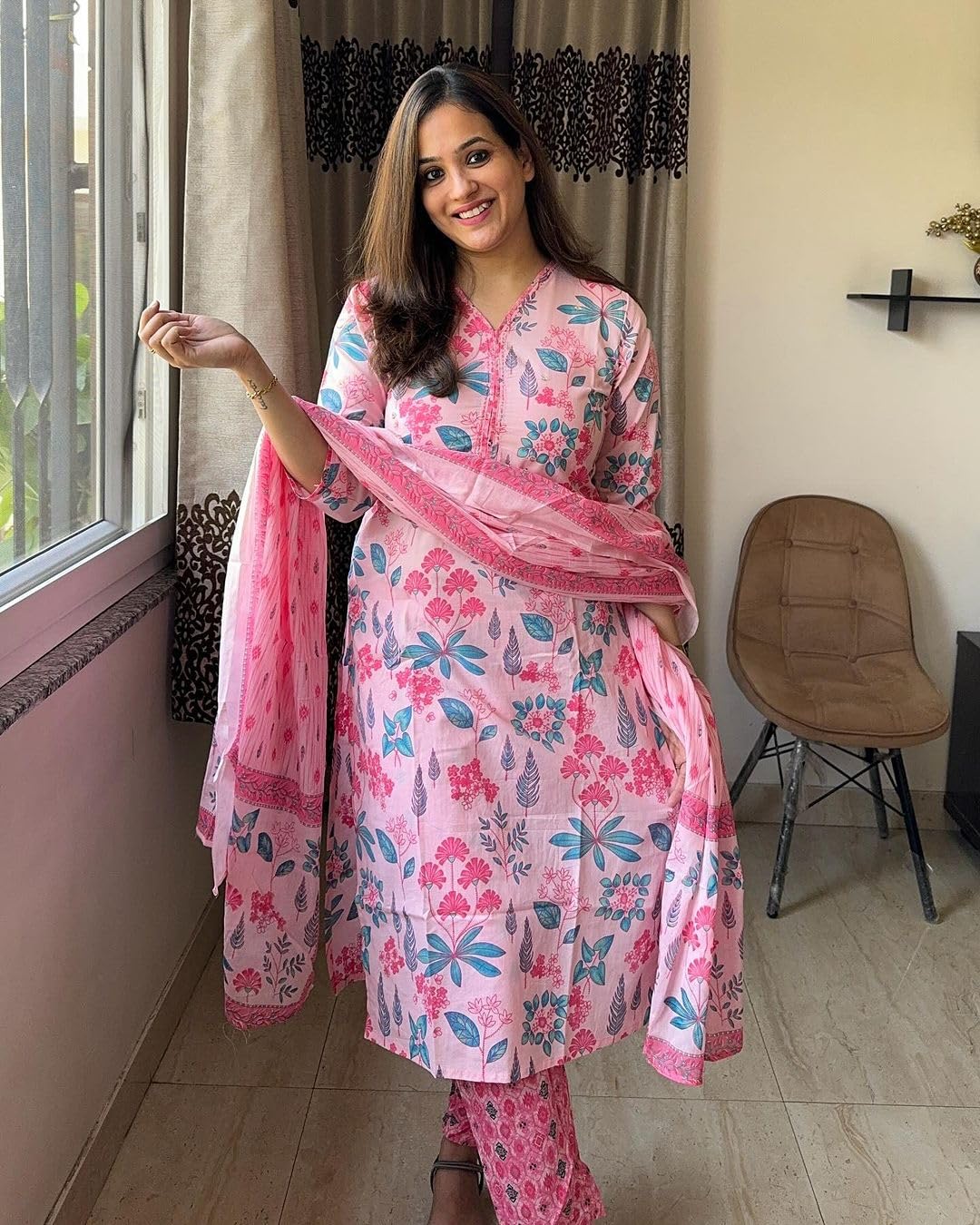 Women's Cotton Blend Printed Straight Kurta with Pant & Dupatta
