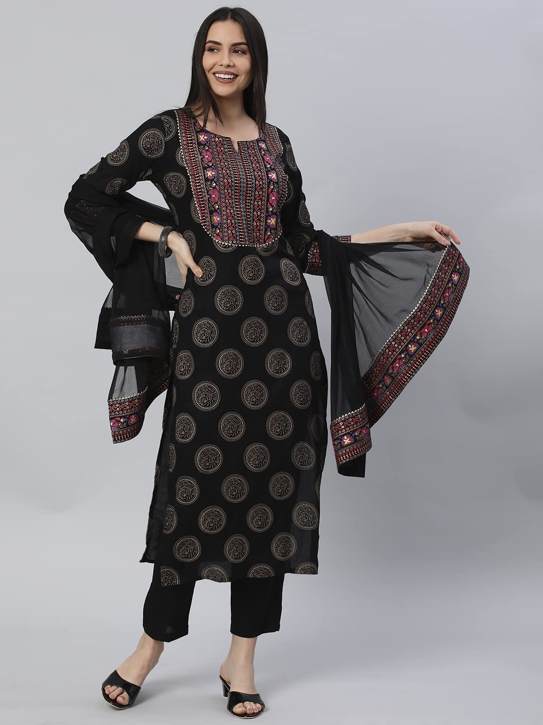 Women's Cotton Blend Printed Straight Kurta with Pant & Dupatta (NOV-Pink-GS_M_Pink_Medium)