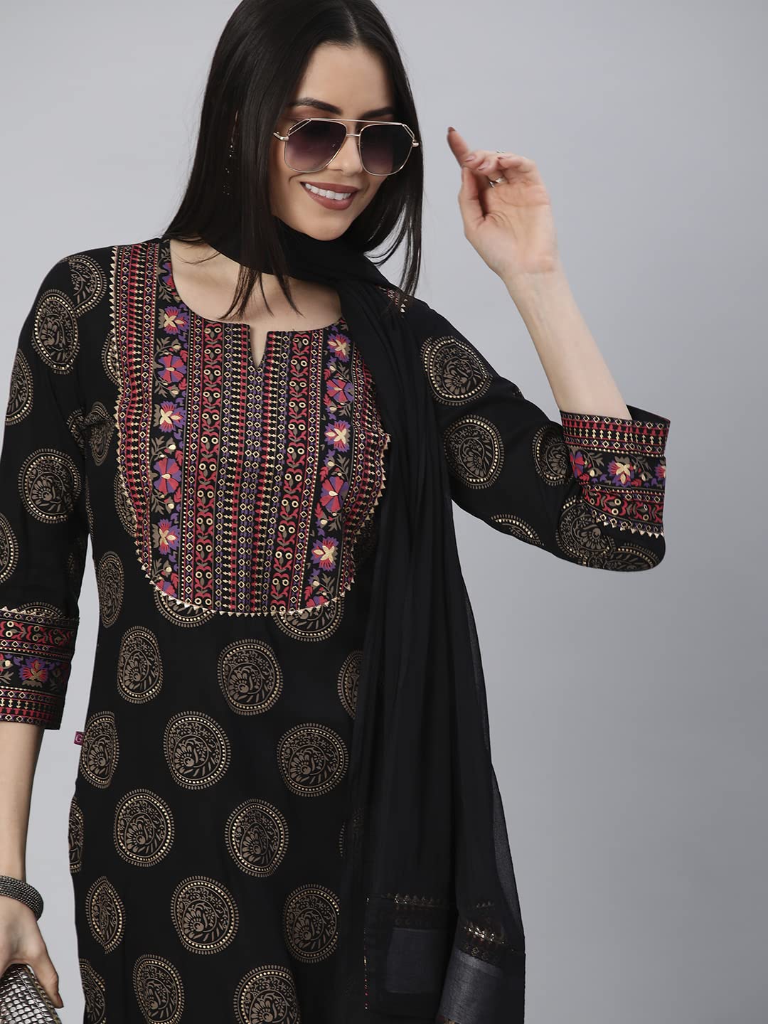 Women's Cotton Blend Printed Straight Kurta with Pant & Dupatta (NOV-Pink-GS_M_Pink_Medium)