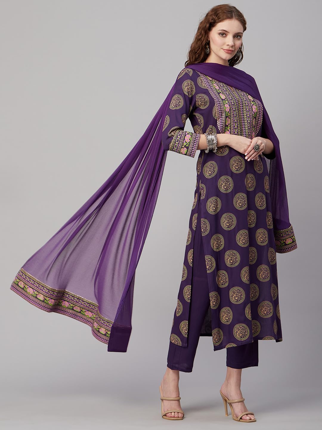 Women's Cotton Blend Printed Straight Kurta with Pant & Dupatta (NOV-Pink-GS_M_Pink_Medium)