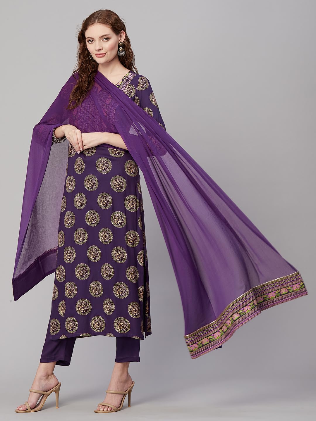 Women's Cotton Blend Printed Straight Kurta with Pant & Dupatta (NOV-Pink-GS_M_Pink_Medium)