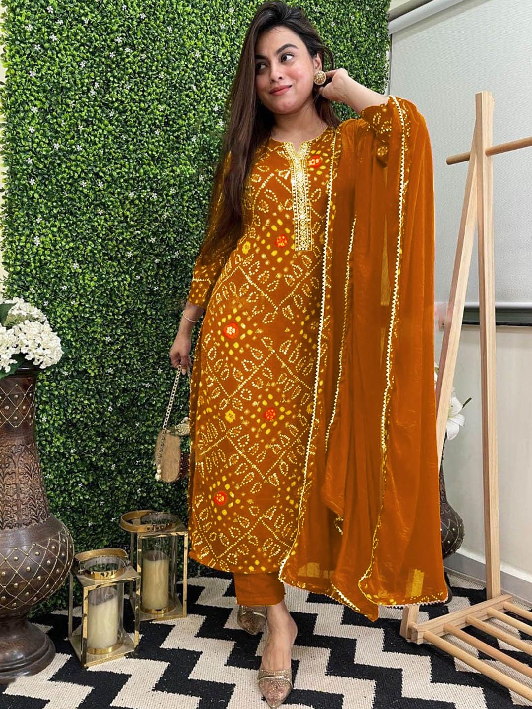 Women's Rayon Blend Straight Printed Kurta with Pant & Dupatta (TURAE Rani-GS_L_Pink_Large)