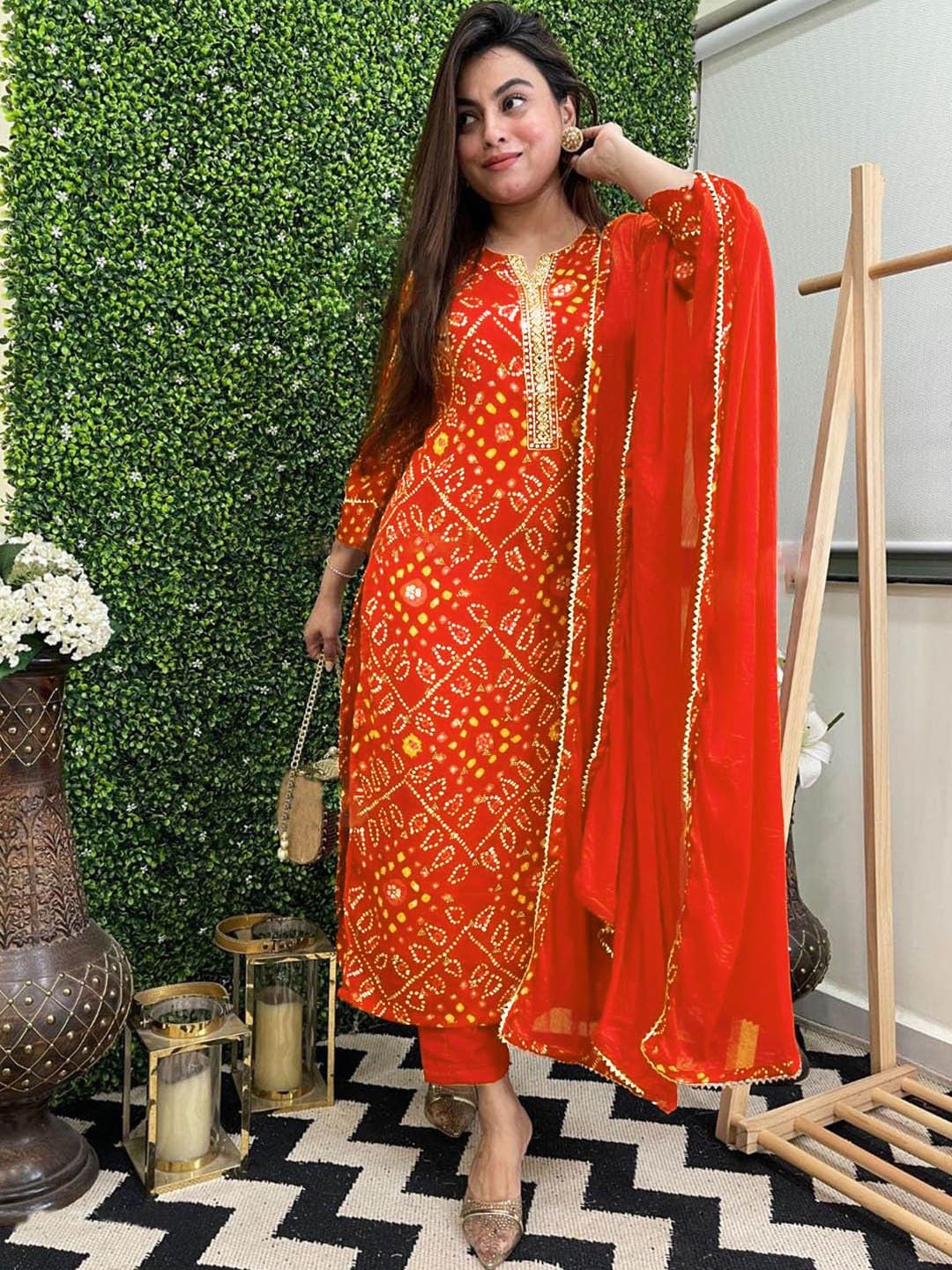 Women's Rayon Blend Straight Printed Kurta with Pant & Dupatta (TURAE Rani-GS_L_Pink_Large)