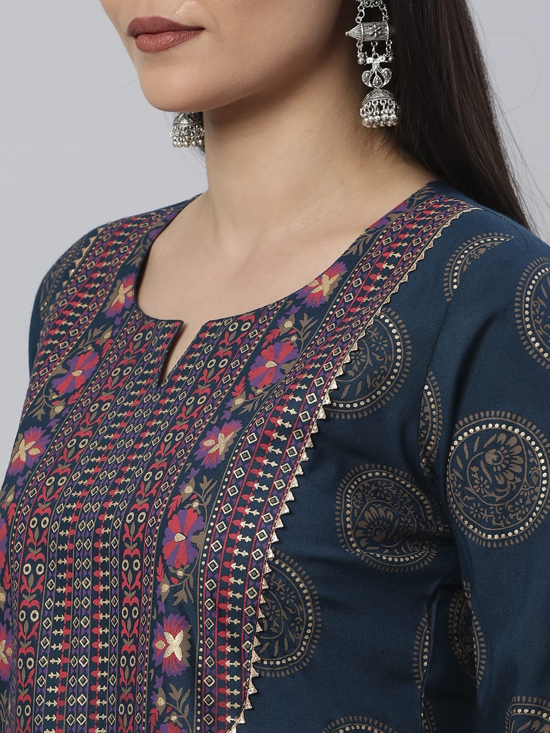 Women's Cotton Blend Printed Straight Kurta with Pant & Dupatta (NOV-Pink-GS_M_Pink_Medium)