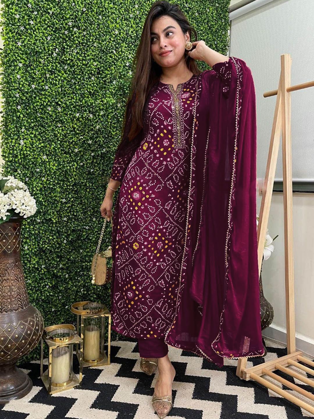 Women's Rayon Blend Straight Printed Kurta with Pant & Dupatta (TURAE Rani-GS_L_Pink_Large)