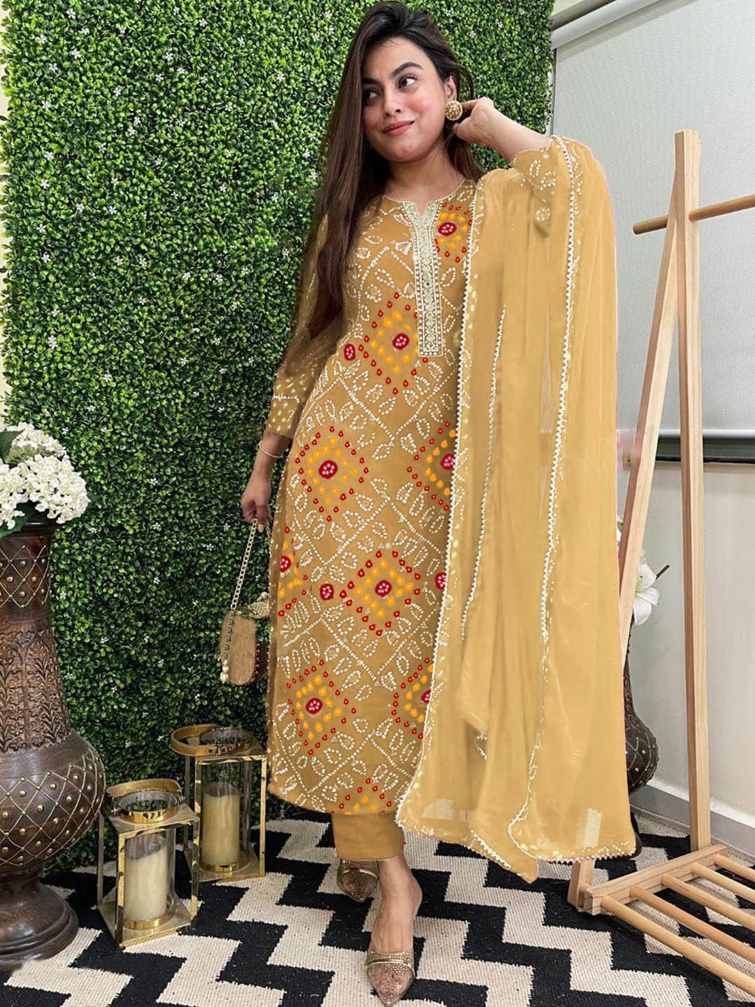 Women's Rayon Blend Straight Printed Kurta with Pant & Dupatta (TURAE Rani-GS_L_Pink_Large)
