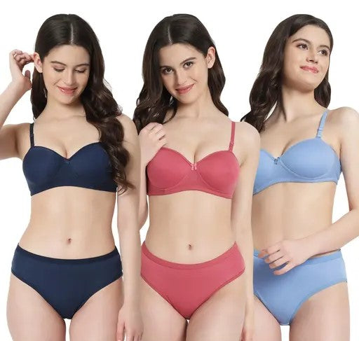 Women's Cotton Lightly Padded Half Cup Wirefree Regular Wear Bra and Panty (Combo Pack Of 3)