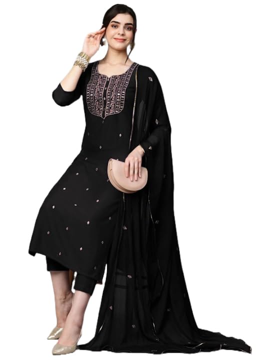 Women's Cotton Blend Embroidered Straight Kurta with Pant & Dupatta (Kasturi Begani-NGT-GS_XL_Blue_X-Large)