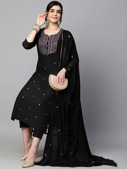 Women's Cotton Blend Embroidered Straight Kurta with Pant & Dupatta (Kasturi Begani-NGT-GS_XL_Blue_X-Large)