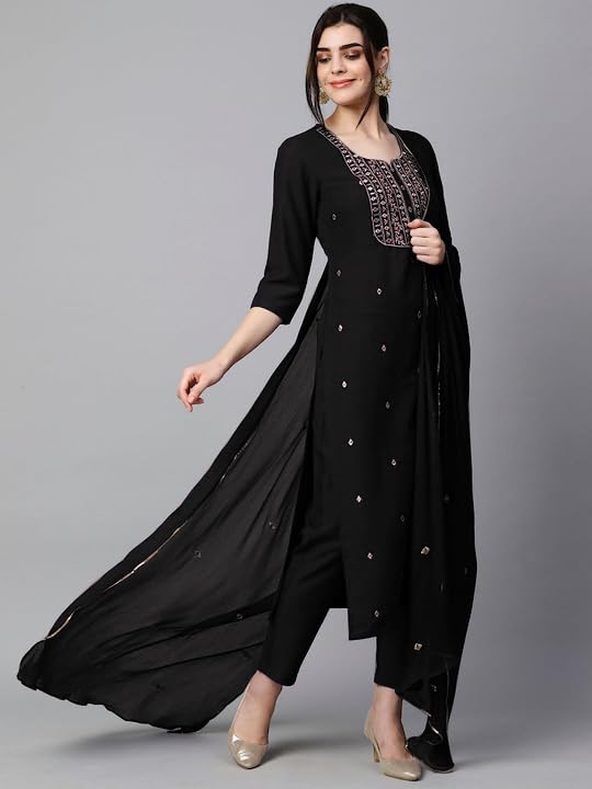 Women's Cotton Blend Embroidered Straight Kurta with Pant & Dupatta (Kasturi Begani-NGT-GS_XL_Blue_X-Large)