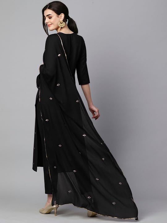 Women's Cotton Blend Embroidered Straight Kurta with Pant & Dupatta (Kasturi Begani-NGT-GS_XL_Blue_X-Large)