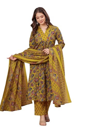 Women's Cotton Anarkali Printed Kurta with Palazzo & Dupatta Blue