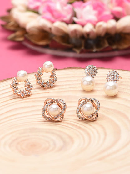 Combo of 3 Cubic Zirconia & Pearls Contemporary Brass Stud Earrings For Women