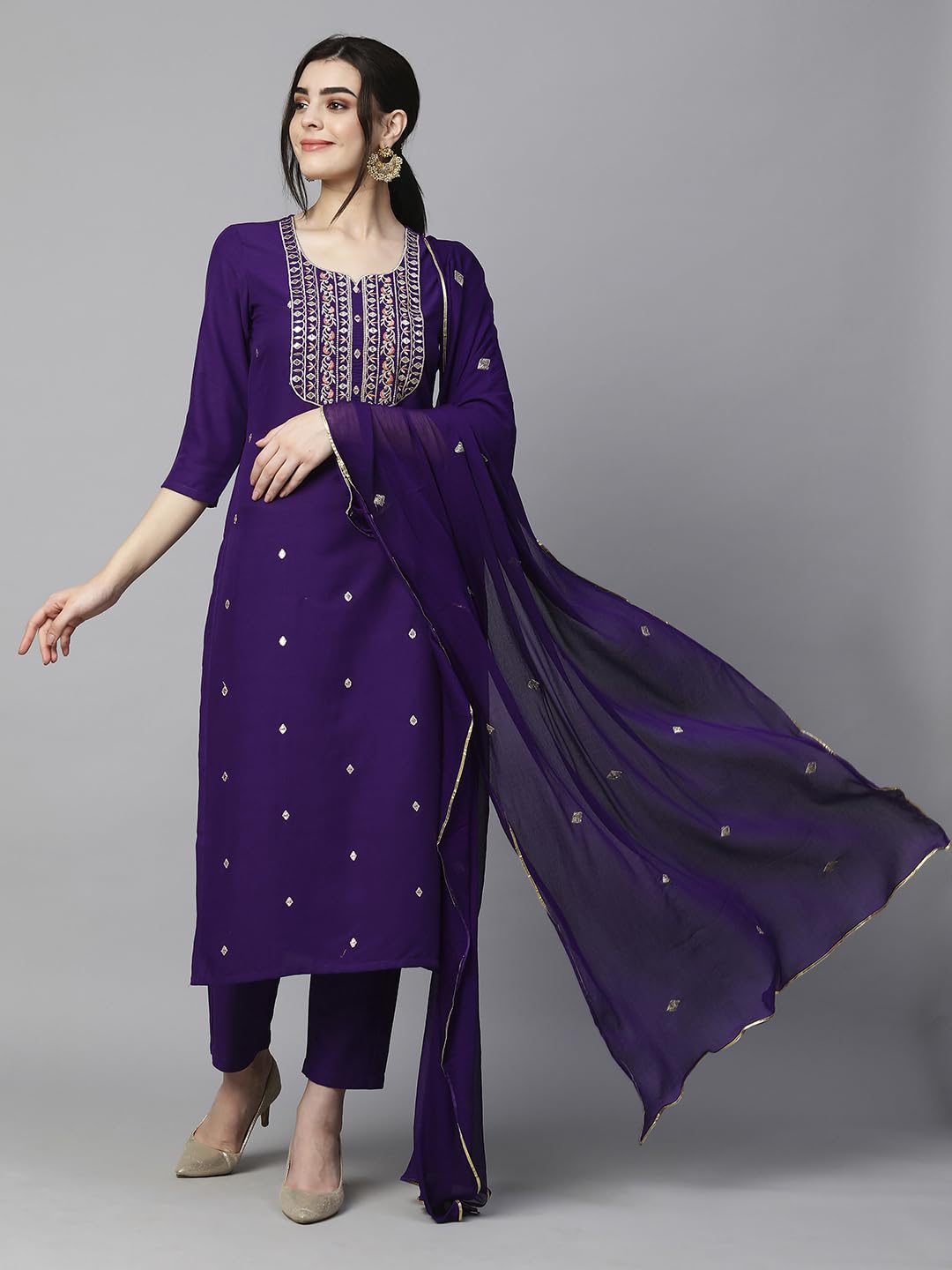 Women's Cotton Blend Embroidered Straight Kurta with Pant & Dupatta (Kasturi Begani-NGT-GS_XL_Blue_X-Large)