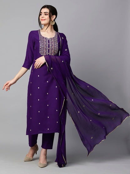 Women's Cotton Blend Embroidered Straight Kurta with Pant & Dupatta (Kasturi Begani-NGT-GS_XL_Blue_X-Large)