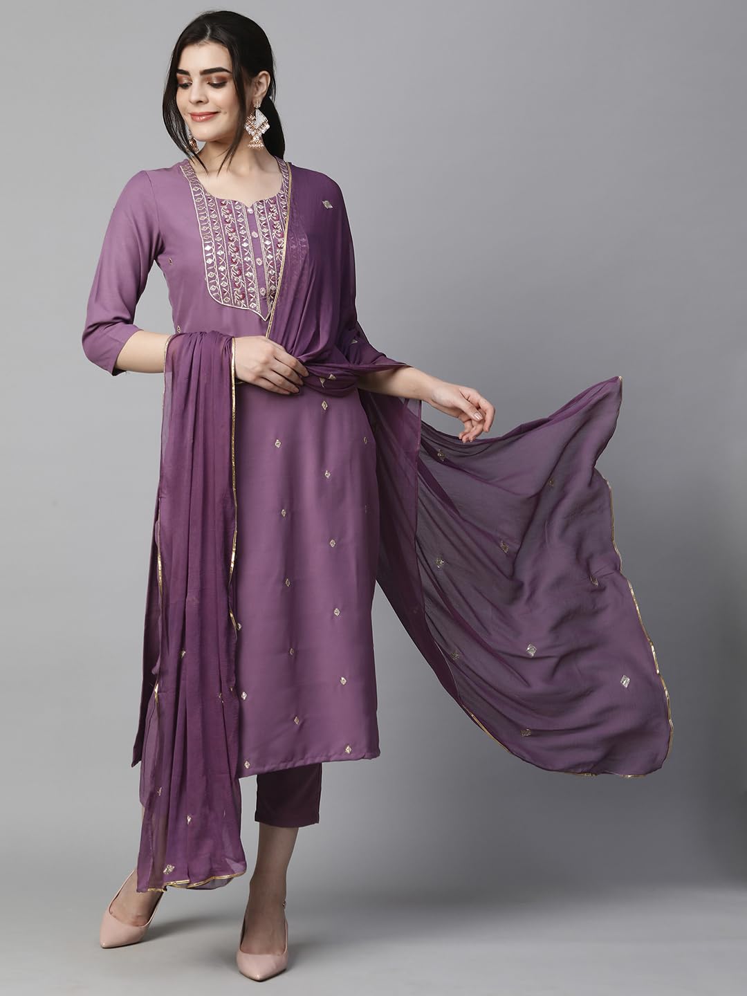 Women's Cotton Blend Embroidered Straight Kurta with Pant & Dupatta (Kasturi Begani-NGT-GS_XL_Blue_X-Large)