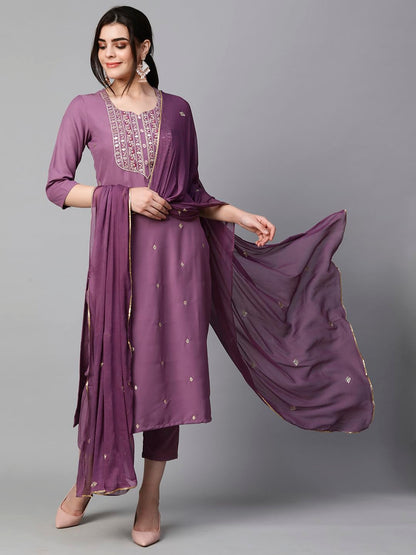 Women's Cotton Blend Embroidered Straight Kurta with Pant & Dupatta (Kasturi Begani-NGT-GS_XL_Blue_X-Large)