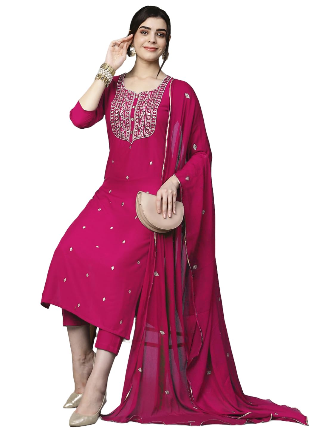 Women's Cotton Blend Embroidered Straight Kurta with Pant & Dupatta (Kasturi Begani-NGT-GS_XL_Blue_X-Large)