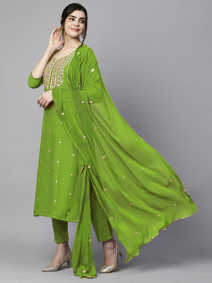 Women's Cotton Blend Embroidered Straight Kurta with Pant & Dupatta (Kasturi Begani-NGT-GS_XL_Blue_X-Large)