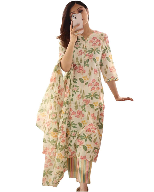 Women's Cotton Blend Printed Straight Kurta with Pant & Dupatta