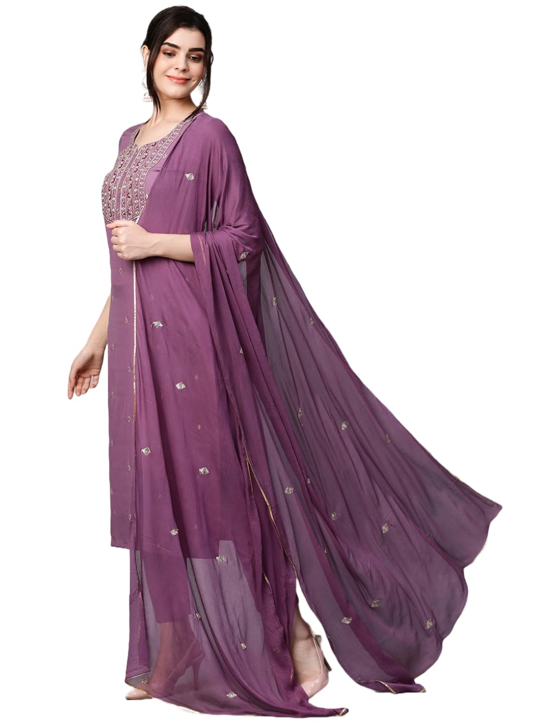 Women's Cotton Blend Embroidered Straight Kurta with Pant & Dupatta (Kasturi Begani-NGT-GS_XL_Blue_X-Large)
