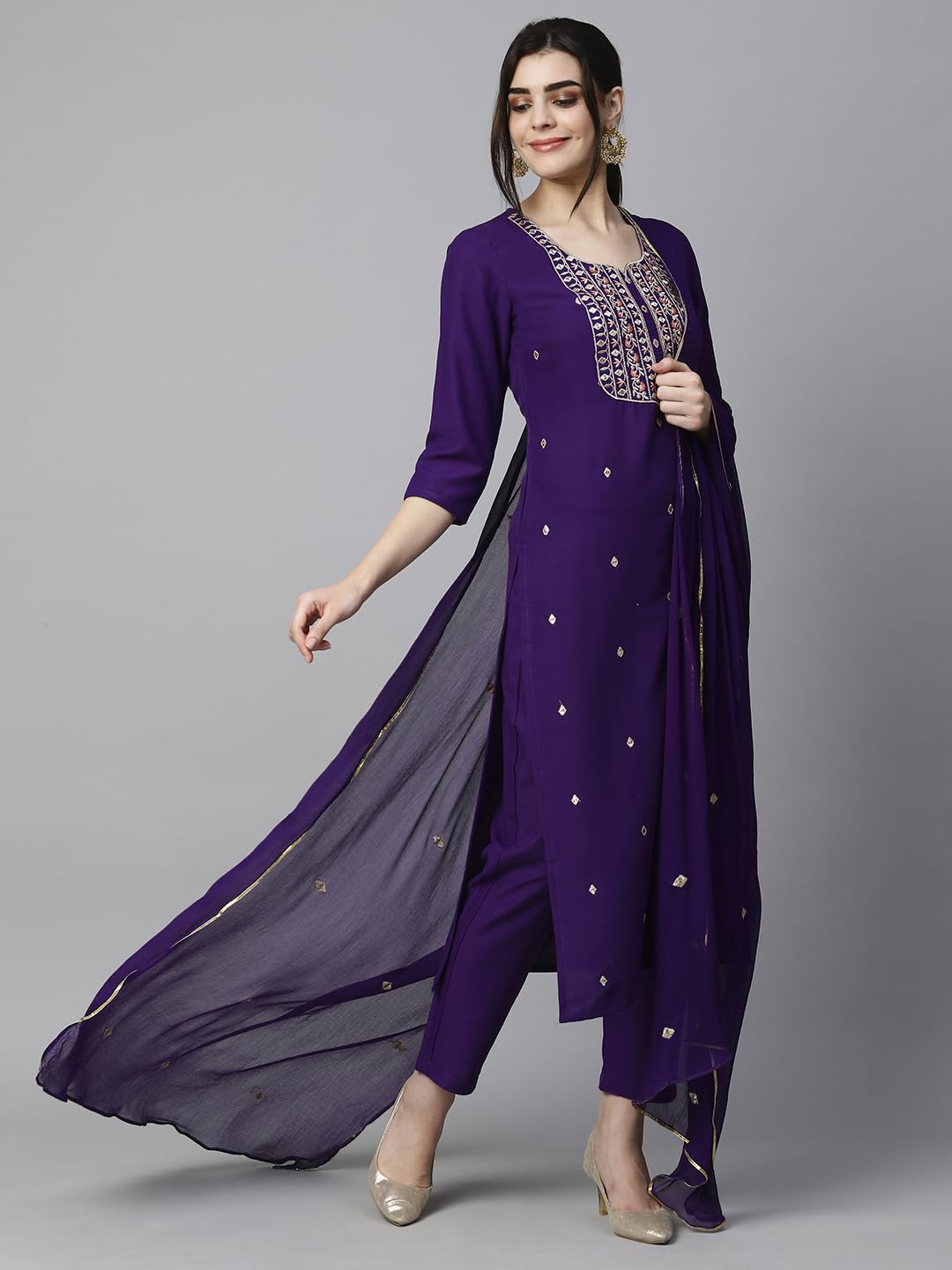 Women's Cotton Blend Embroidered Straight Kurta with Pant & Dupatta (Kasturi Begani-NGT-GS_XL_Blue_X-Large)
