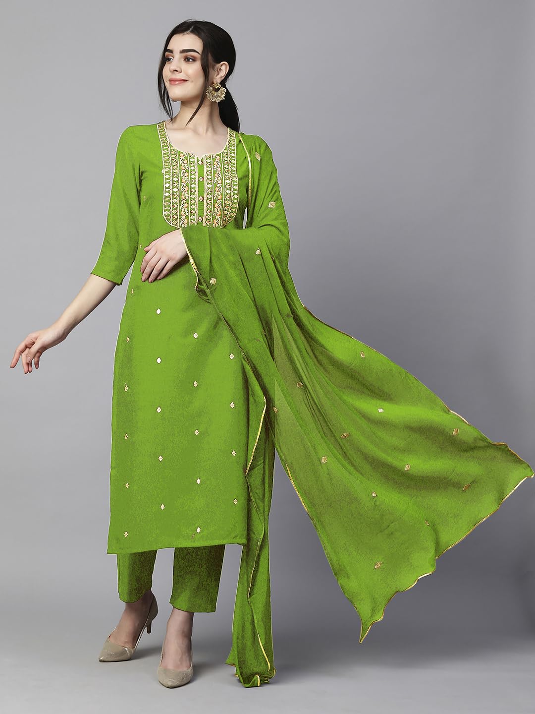 Women's Cotton Blend Embroidered Straight Kurta with Pant & Dupatta (Kasturi Begani-NGT-GS_XL_Blue_X-Large)