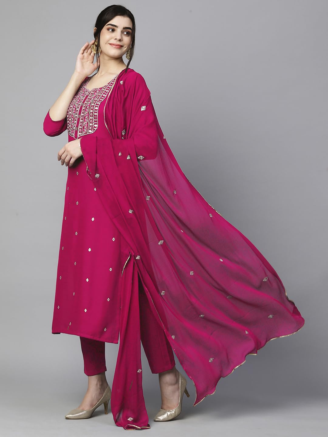Women's Cotton Blend Embroidered Straight Kurta with Pant & Dupatta (Kasturi Begani-NGT-GS_XL_Blue_X-Large)