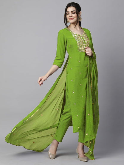 Women's Cotton Blend Embroidered Straight Kurta with Pant & Dupatta (Kasturi Begani-NGT-GS_XL_Blue_X-Large)